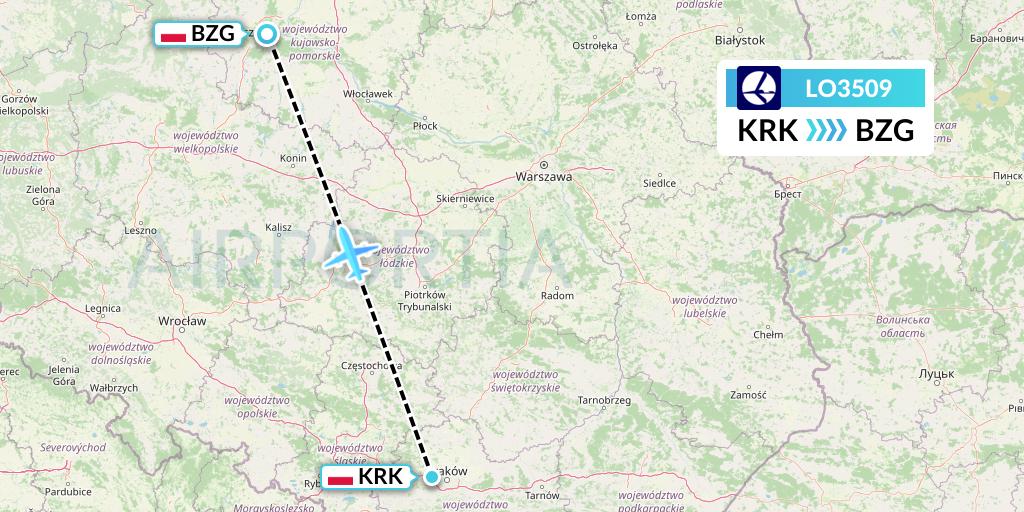 LO3509 LOT Flight Map: Krakow to Bydgoszcz