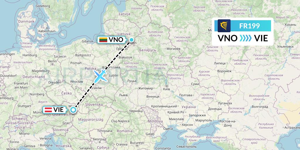 FR199 Ryanair Flight Map: Vilnius to Vienna