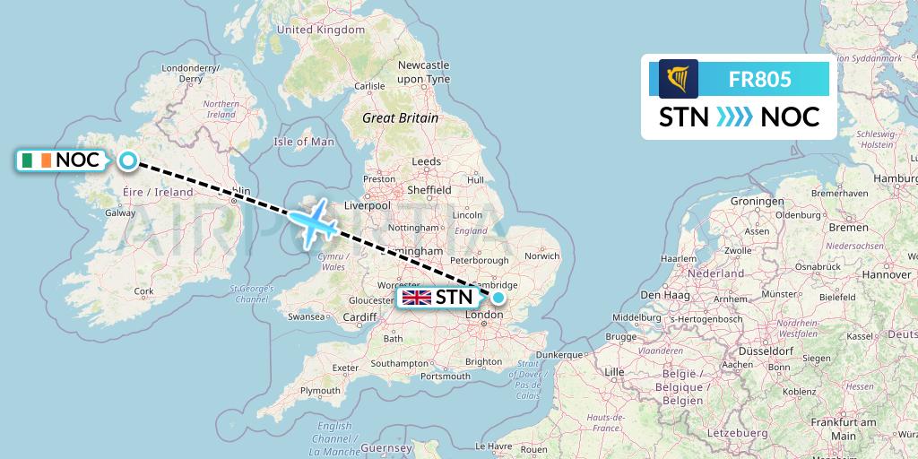 FR805 Ryanair Flight Map: London to Knock