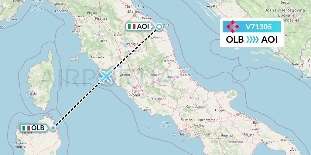 V71305 Volotea Flight Map: Olbia to Ancona