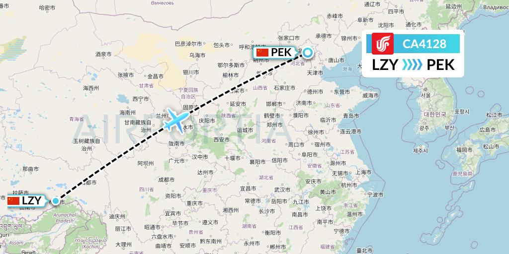 CA4128 Air China Flight Map: Nyingchi to Beijing