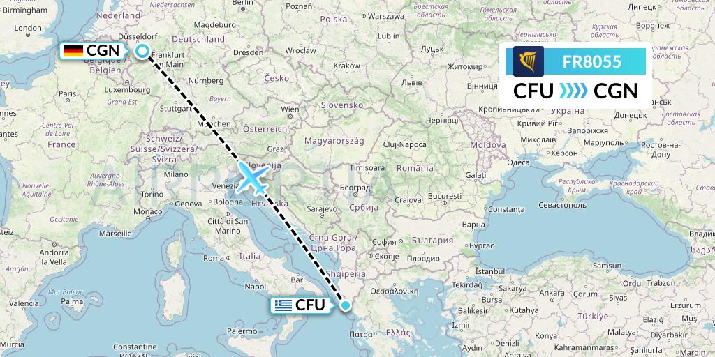 FR8055 Ryanair Flight Map: Corfu to Cologne