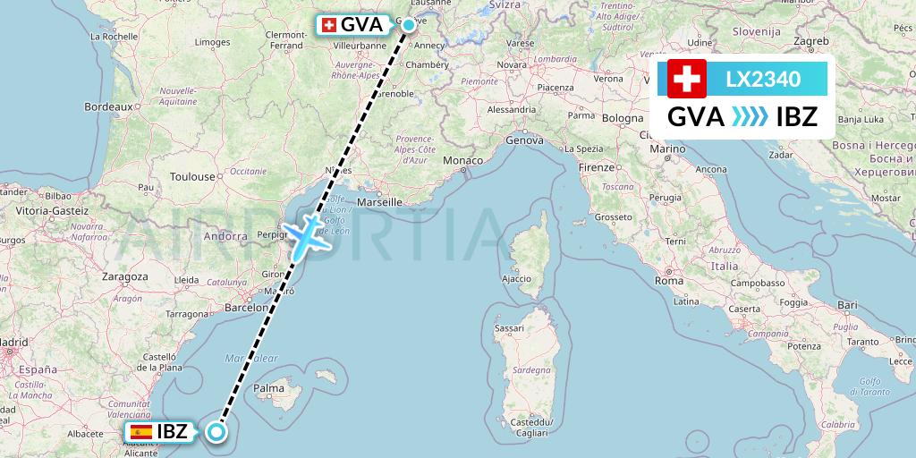 LX2340 Swiss Flight Map: Geneva to Ibiza
