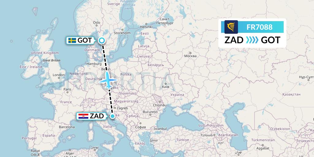 FR7088 Ryanair Flight Map: Zadar to Gothenburg