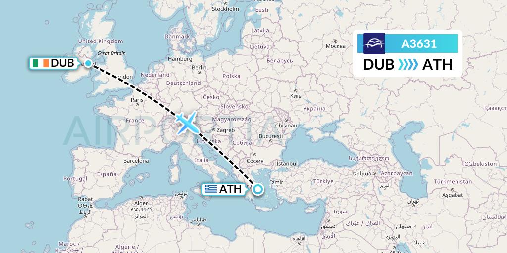 A3631 Aegean Airlines Flight Map: Dublin to Athens