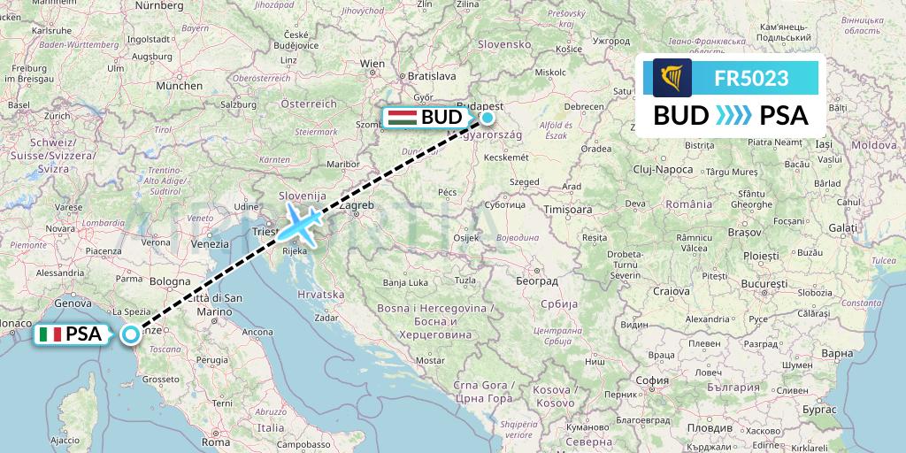 FR5023 Ryanair Flight Map: Budapest to Pisa