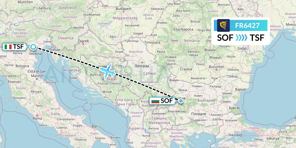 FR6427 Ryanair Flight Map: Sofia to Treviso