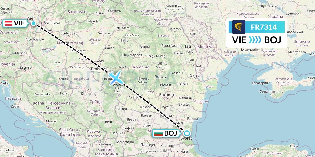 FR7314 Ryanair Flight Map: Vienna to Burgas