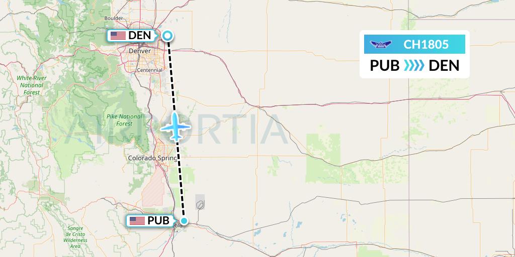 CH1805 Bemidji Airlines Flight Map: Pueblo to Denver
