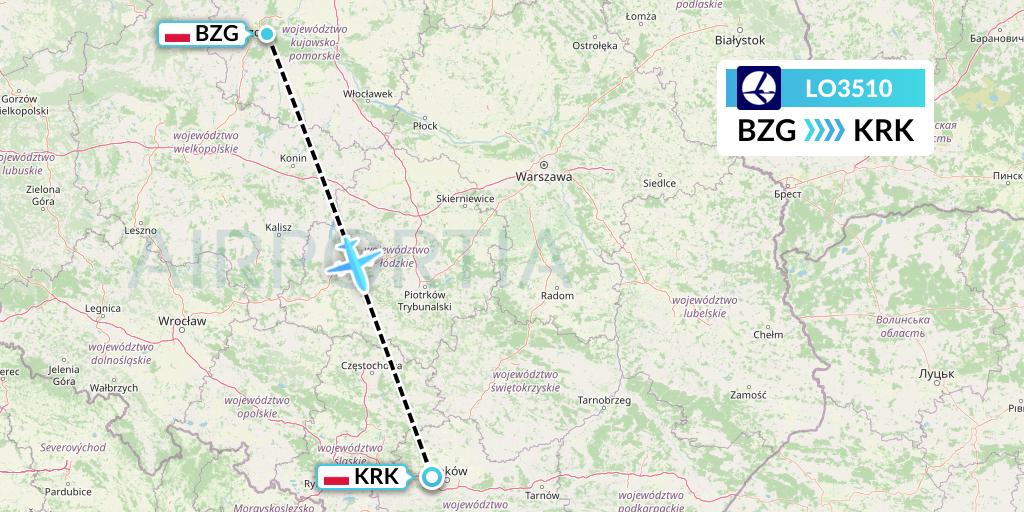 LO3510 LOT Flight Map: Bydgoszcz to Krakow