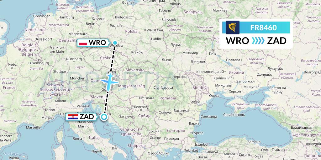 FR8460 Ryanair Flight Map: Wroclaw to Zadar