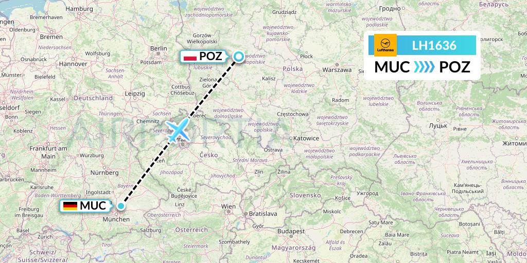 LH1636 Lufthansa Flight Map: Munich to Poznan