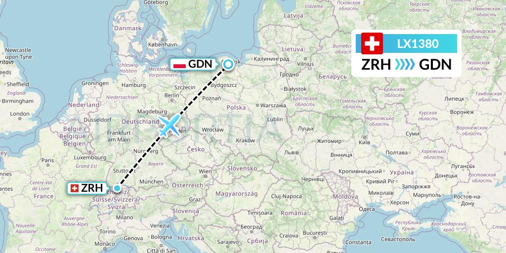 LX1380 Swiss Flight Map: Zurich to Gdansk