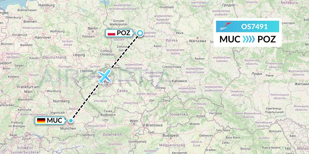 OS7491 Austrian Airlines Flight Map: Munich to Poznan