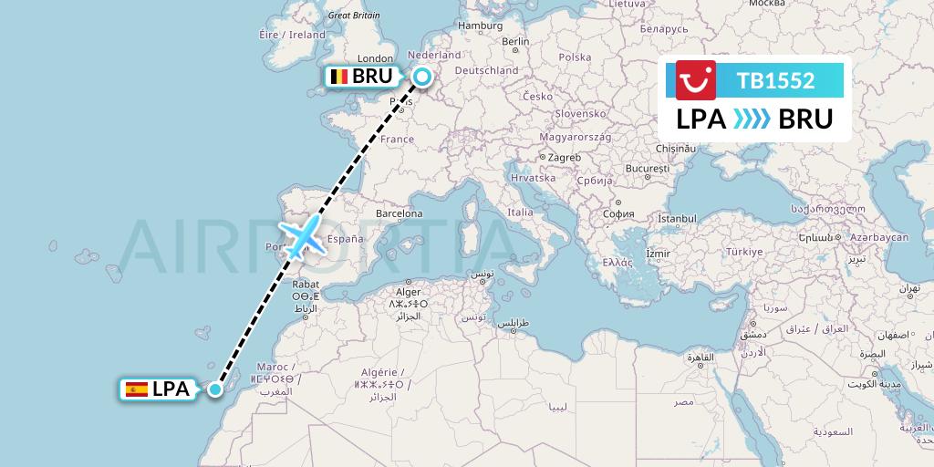 TB1552 TUI fly Belgium Flight Map: Las Palmas to Brussels
