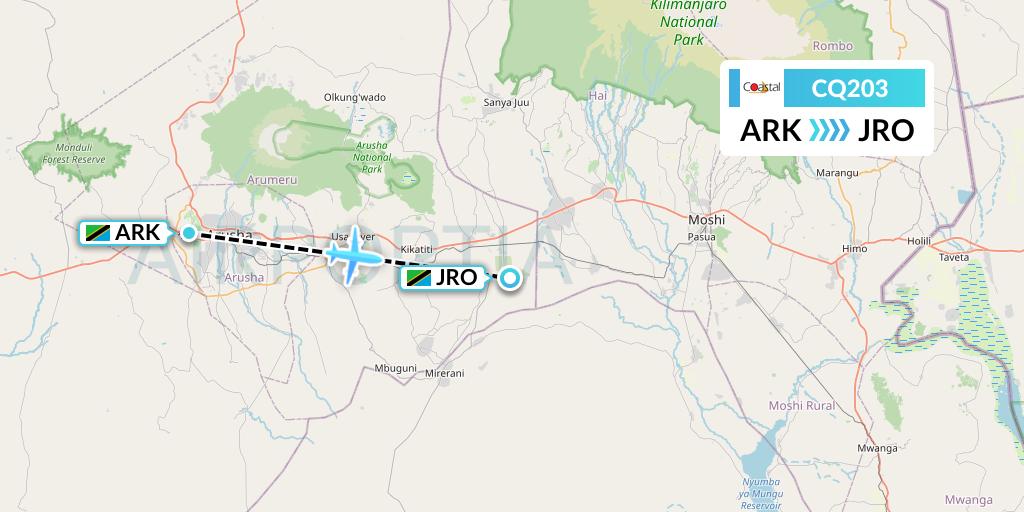 CQ203 Coastal Aviation Flight Map: Arusha to Kilimanjaro