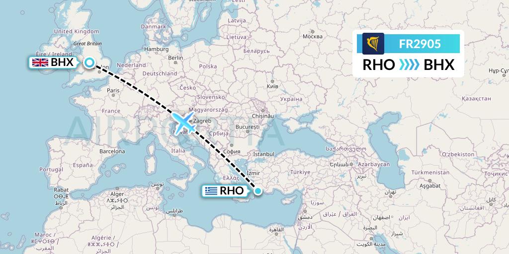 FR2905 Ryanair Flight Map: Rhodes to Birmingham