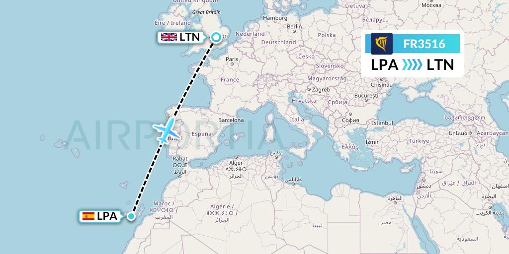 FR3516 Ryanair Flight Map: Las Palmas to London