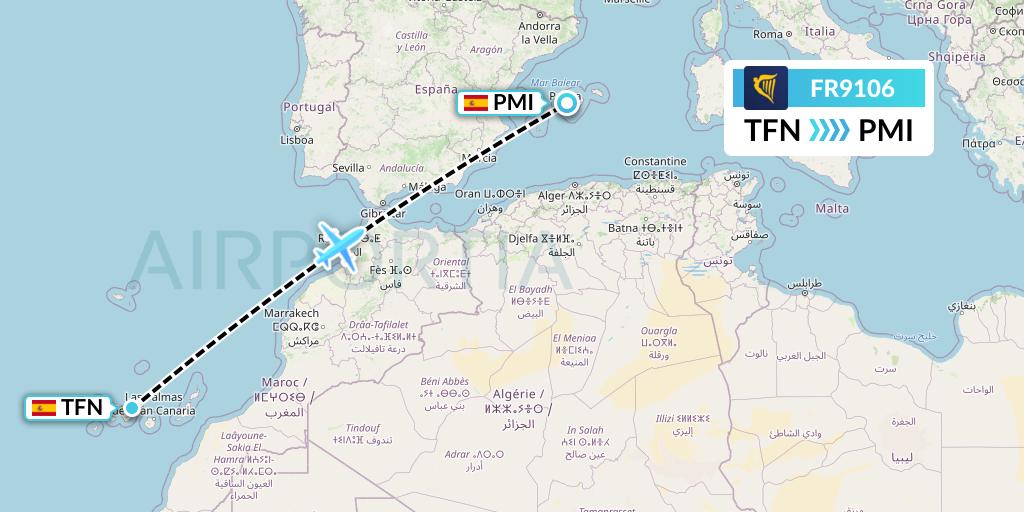 FR9106 Ryanair Flight Map: Tenerife to Palma de Mallorca