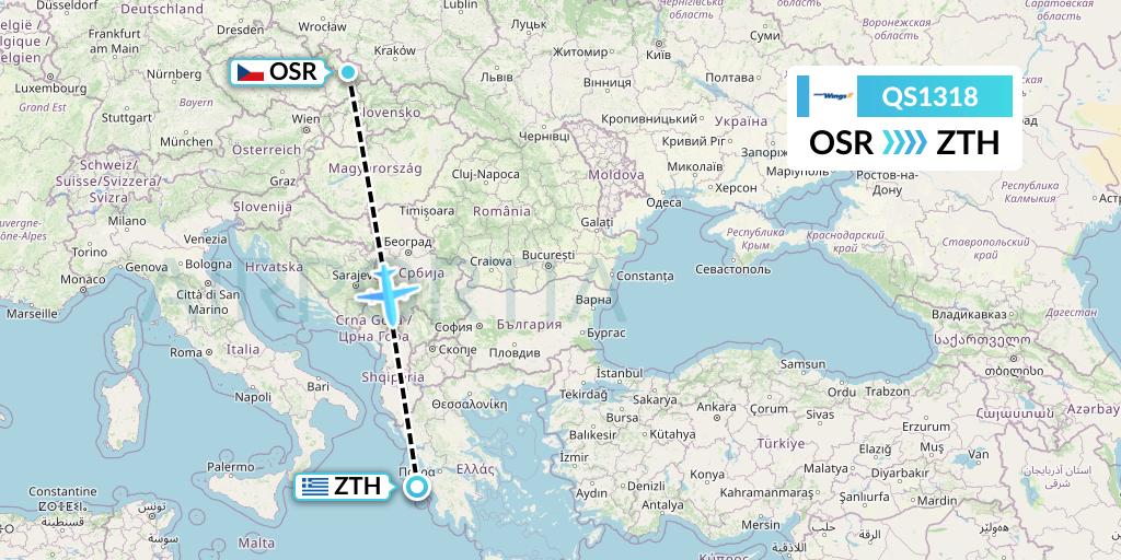 QS1318 Smartwings Flight Map: Ostrava to Zakynthos