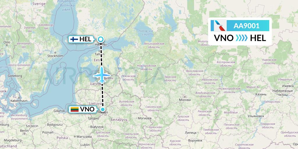 AA9001 American Airlines Flight Map: Vilnius to Helsinki