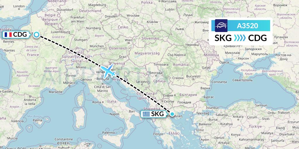 A3520 Aegean Airlines Flight Map: Thessaloniki to Paris