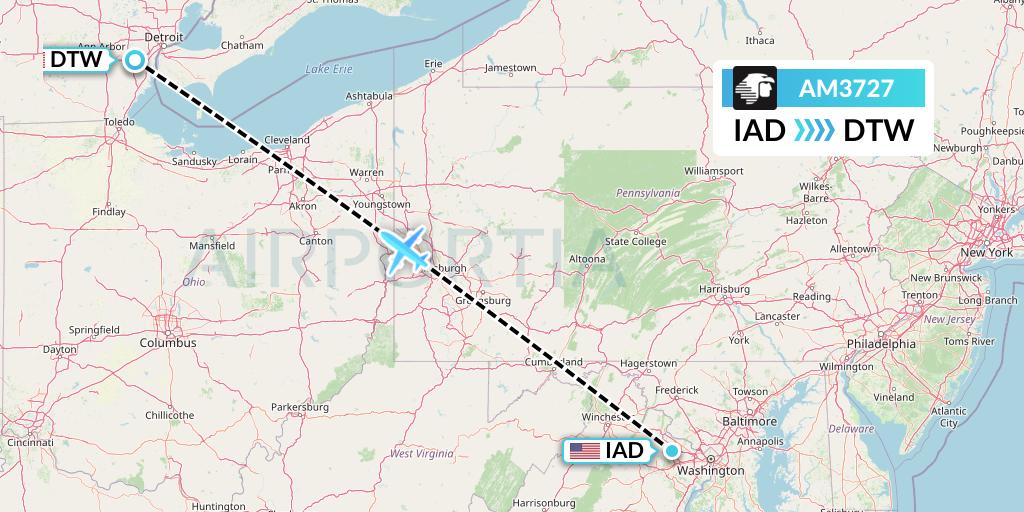 AM3727 Aeromexico Flight Map: Washington to Detroit