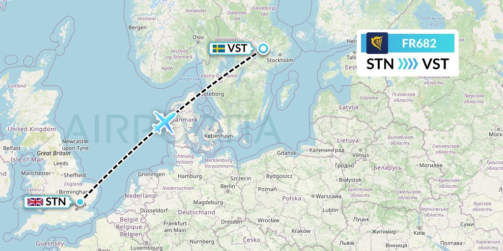 FR682 Ryanair Flight Map: London to Stockholm