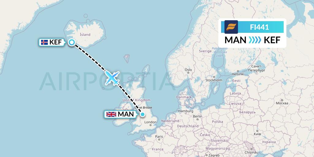FI441 Icelandair Flight Map: Manchester to Reykjavik