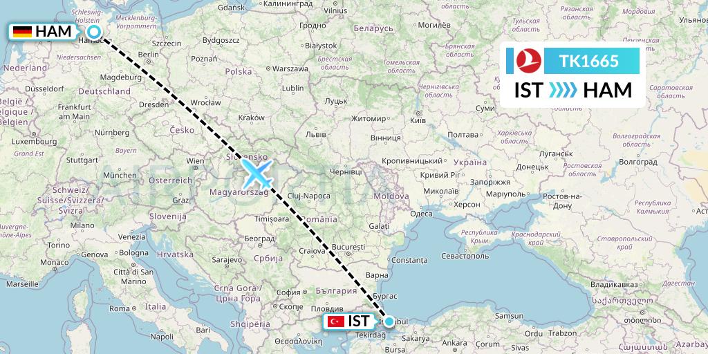 TK1665 Turkish Airlines Flight Map: Istanbul to Hamburg