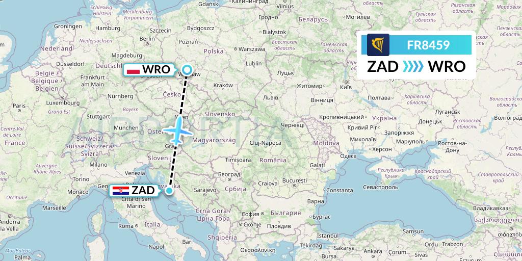 FR8459 Ryanair Flight Map: Zadar to Wroclaw