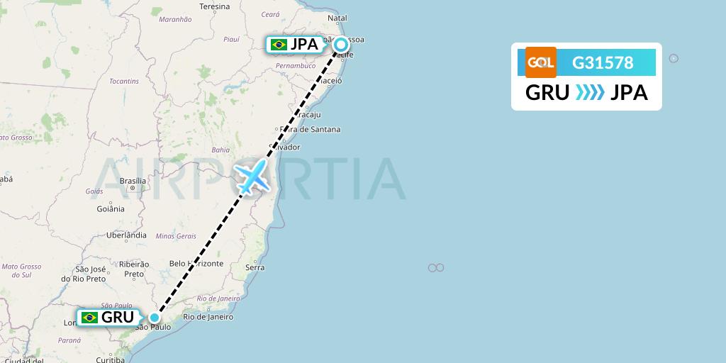 G31578 GOL Transportes Aeros Flight Map: Sao Paulo to Joao Pessoa