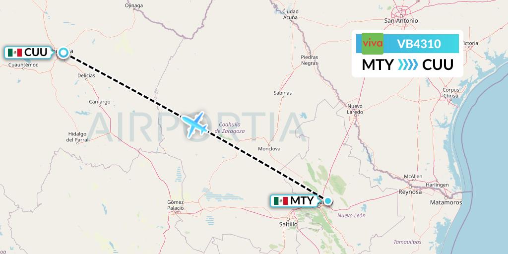 VB4310 VivaAerobus Flight Map: Monterrey to Chihuahua