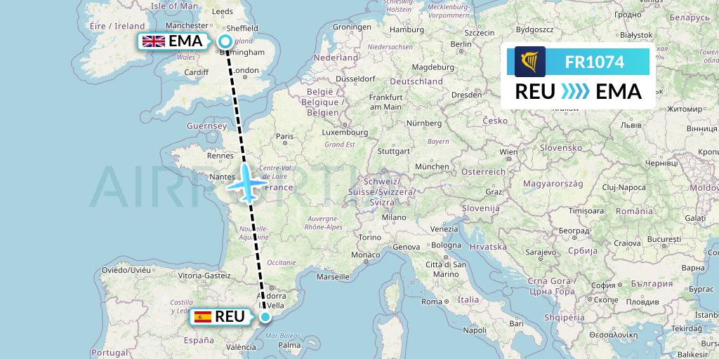 FR1074 Ryanair Flight Map: Reus to East Midlands