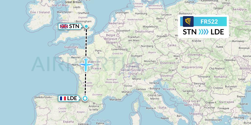 FR522 Ryanair Flight Map: London to Tarbes