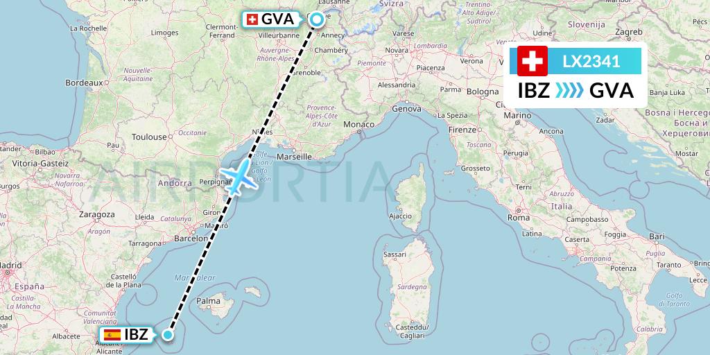 LX2341 Swiss Flight Map: Ibiza to Geneva