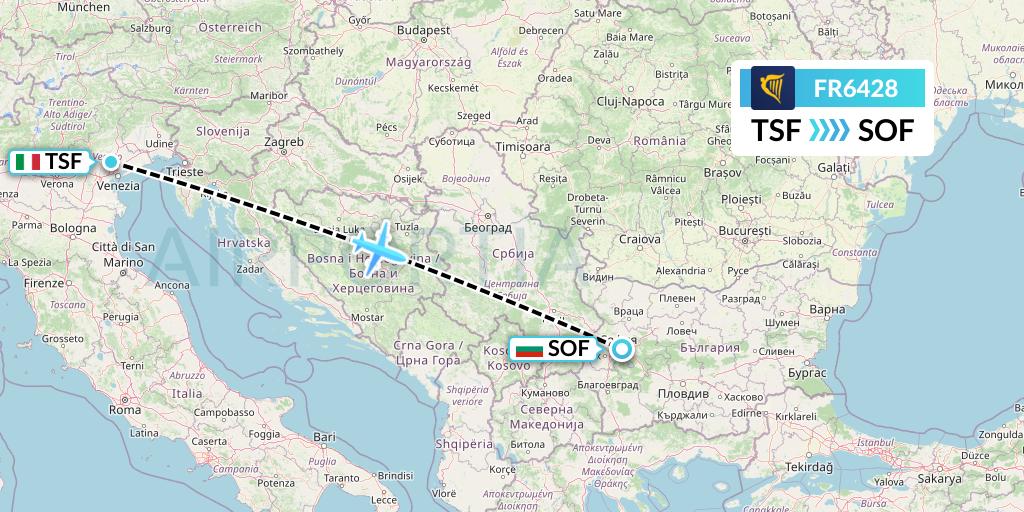 FR6428 Ryanair Flight Map: Treviso to Sofia