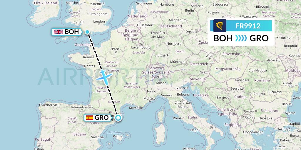 FR9912 Ryanair Flight Map: Bournemouth to Girona
