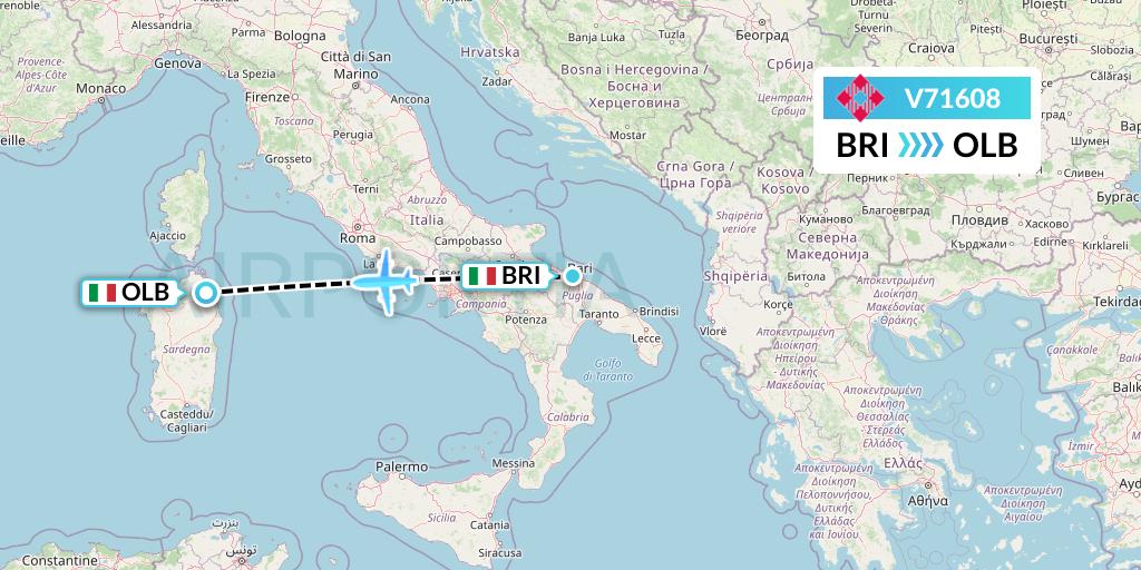 V71608 Volotea Flight Map: Bari to Olbia