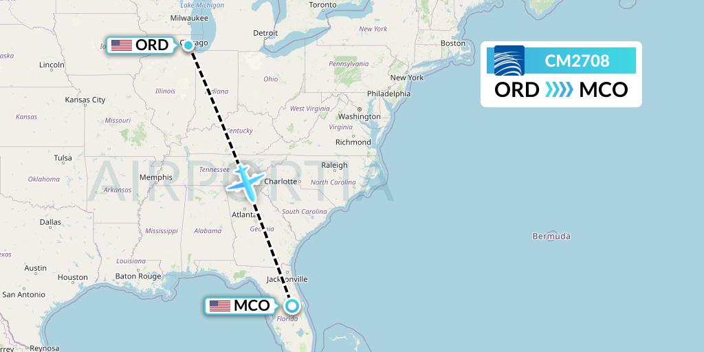CM2708 Copa Airlines Flight Map: Chicago to Orlando
