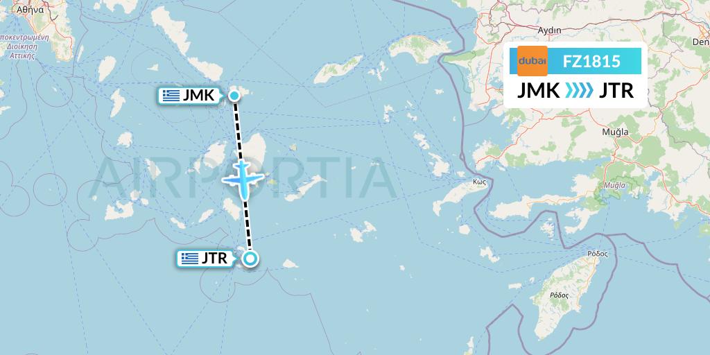 FZ1815 FlyDubai Flight Map: Mykonos to Santorini