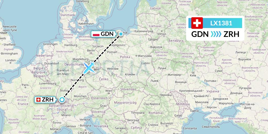 LX1381 Swiss Flight Map: Gdansk to Zurich