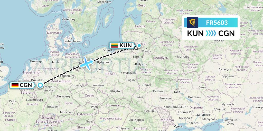 FR5603 Ryanair Flight Map: Kaunas to Cologne