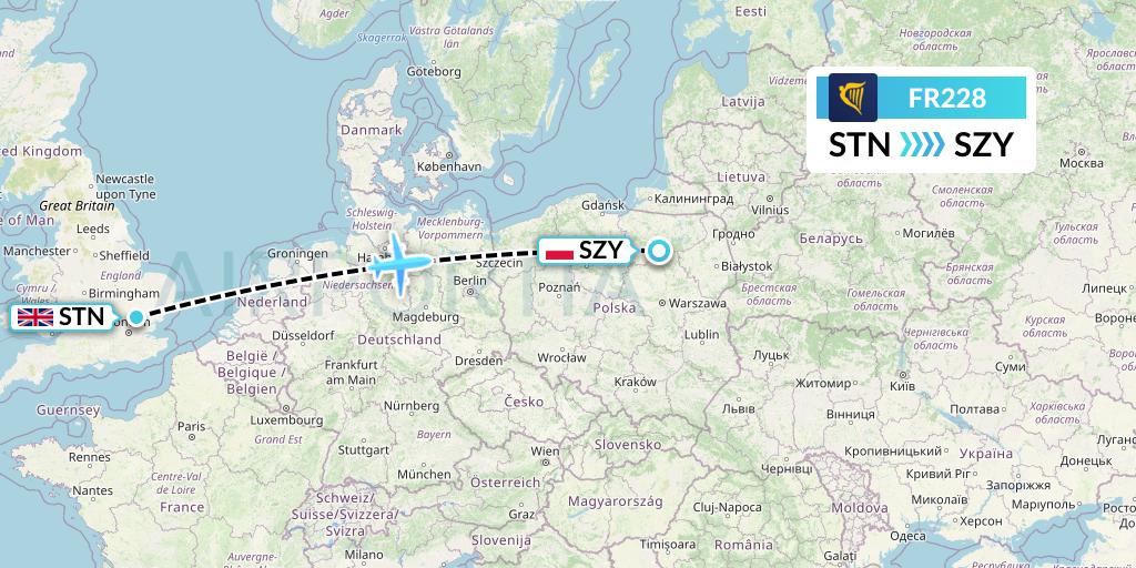 FR228 Ryanair Flight Map: London to Olsztyn