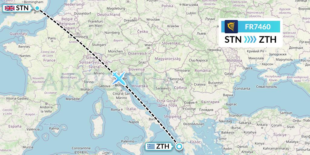 FR7460 Ryanair Flight Map: London to Zakynthos