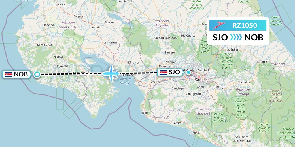 RZ1050 Sansa Airlines Flight Map: San Jose to Nicoya