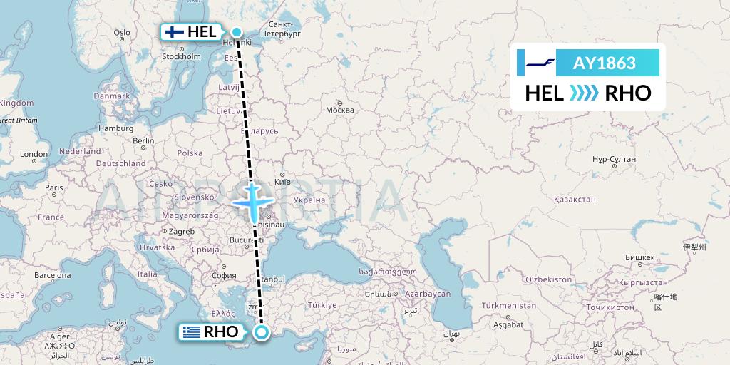 AY1863 Finnair Flight Map: Helsinki to Rhodes