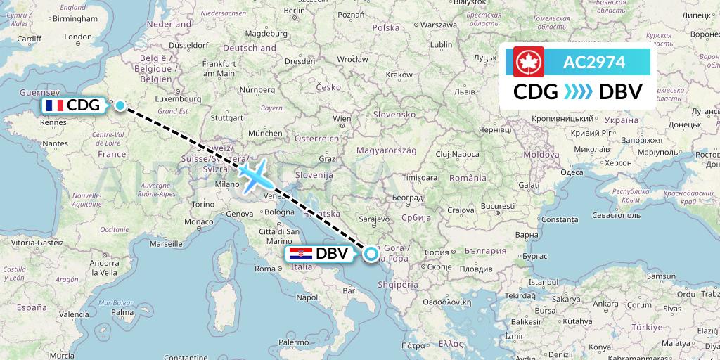 AC2974 Air Canada Flight Map: Paris to Dubrovnik