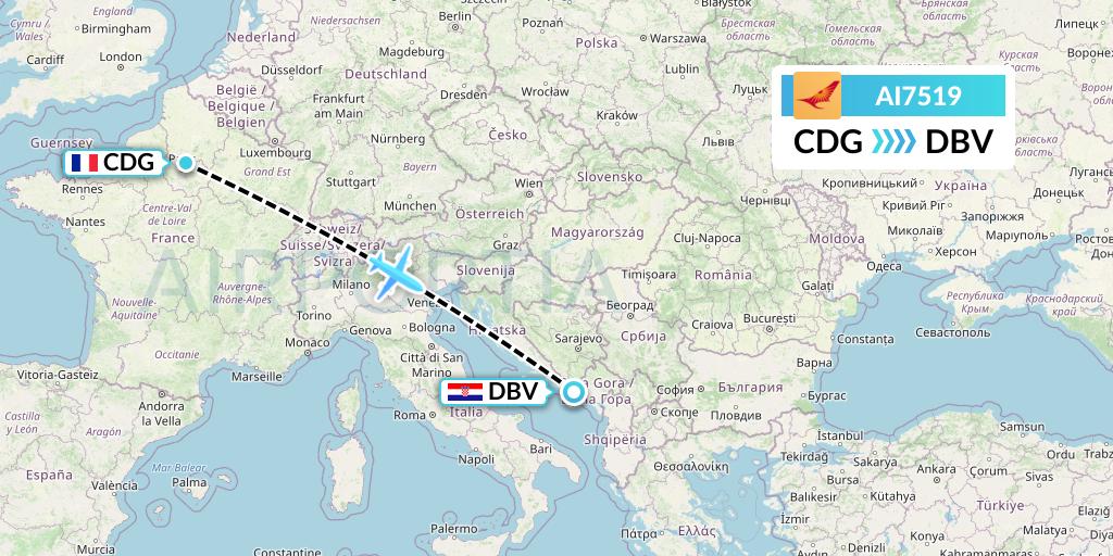 AI7519 Air India Flight Map: Paris to Dubrovnik