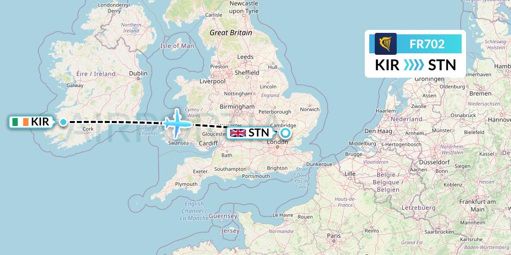 FR702 Ryanair Flight Map: Kerry to London